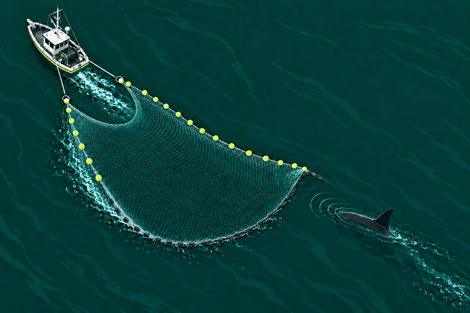 Only an orca’s curved back and dorsal fin emerge from the ocean behind a wide fishing net
