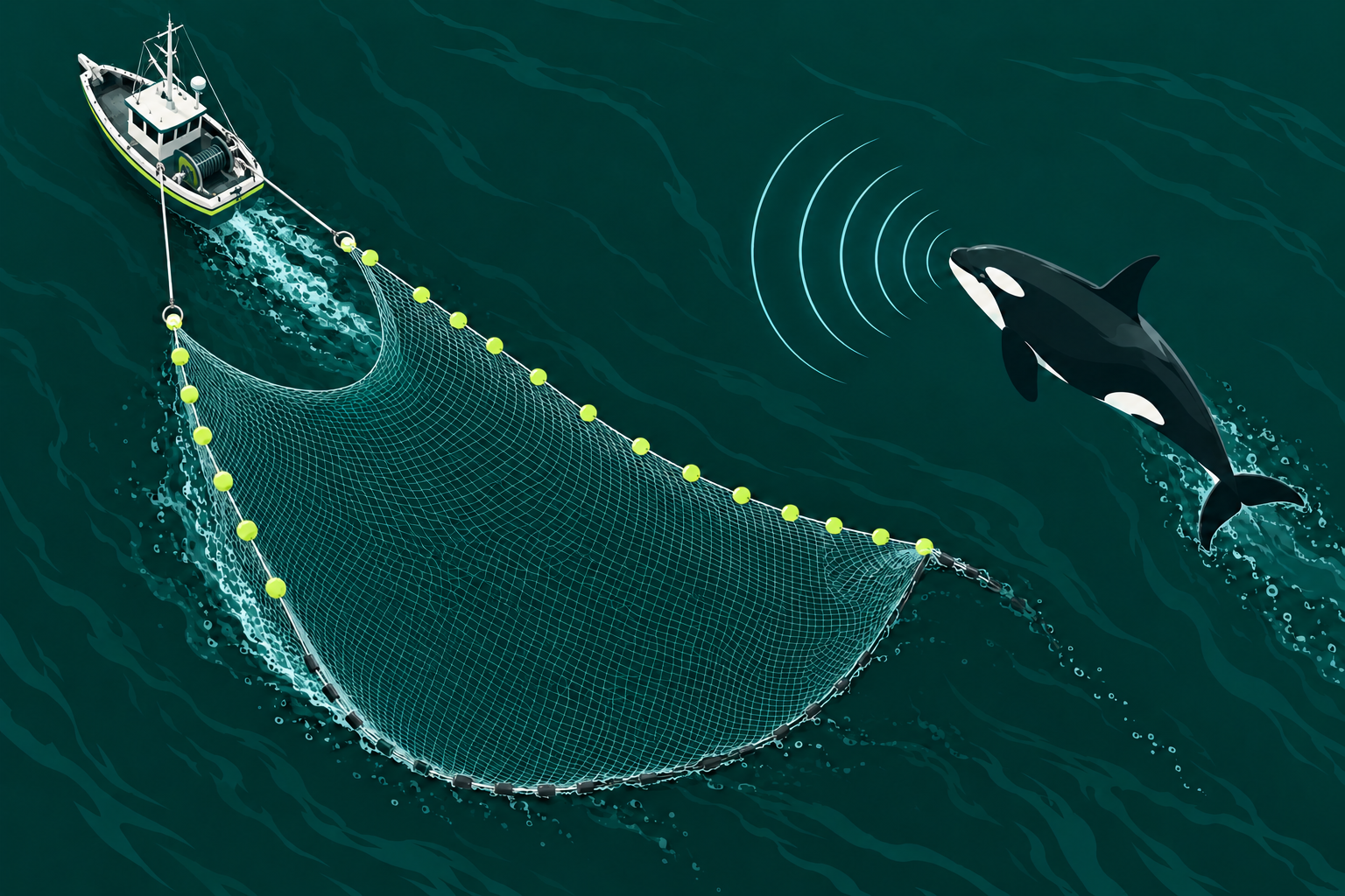 A boat towing a wide net, with its wake behind the stern, beside an orca using echolocation