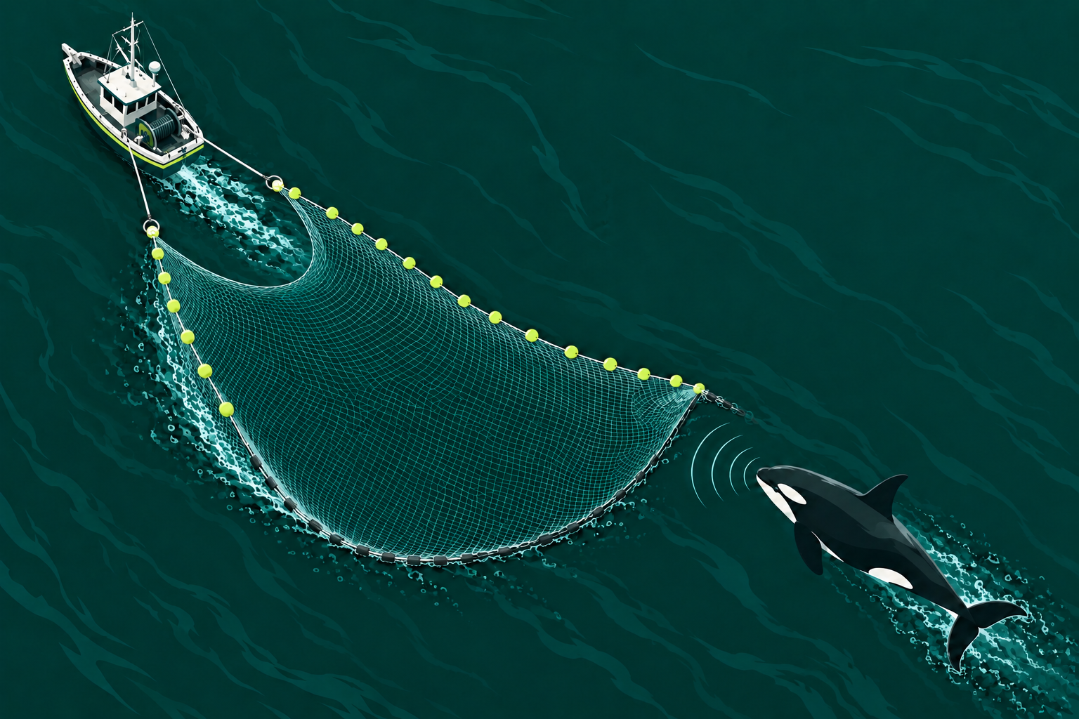 An orca following behind a wide net, keeping watch with echolocation as a small boat tows it