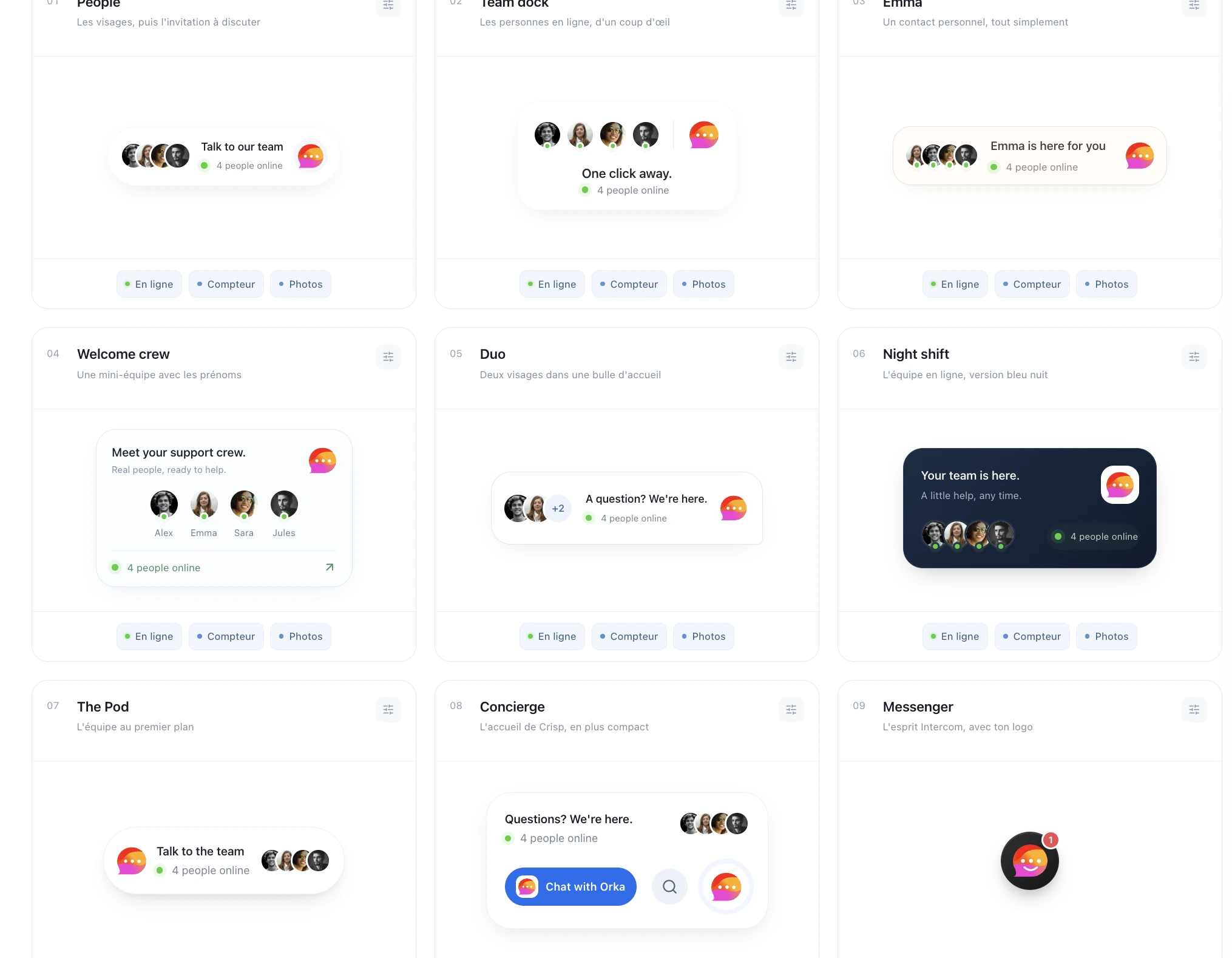 Nine Orka widget layouts: People, Team dock, Emma, Welcome crew, Duo, Night shift, The Pod, Concierge, and Messenger.